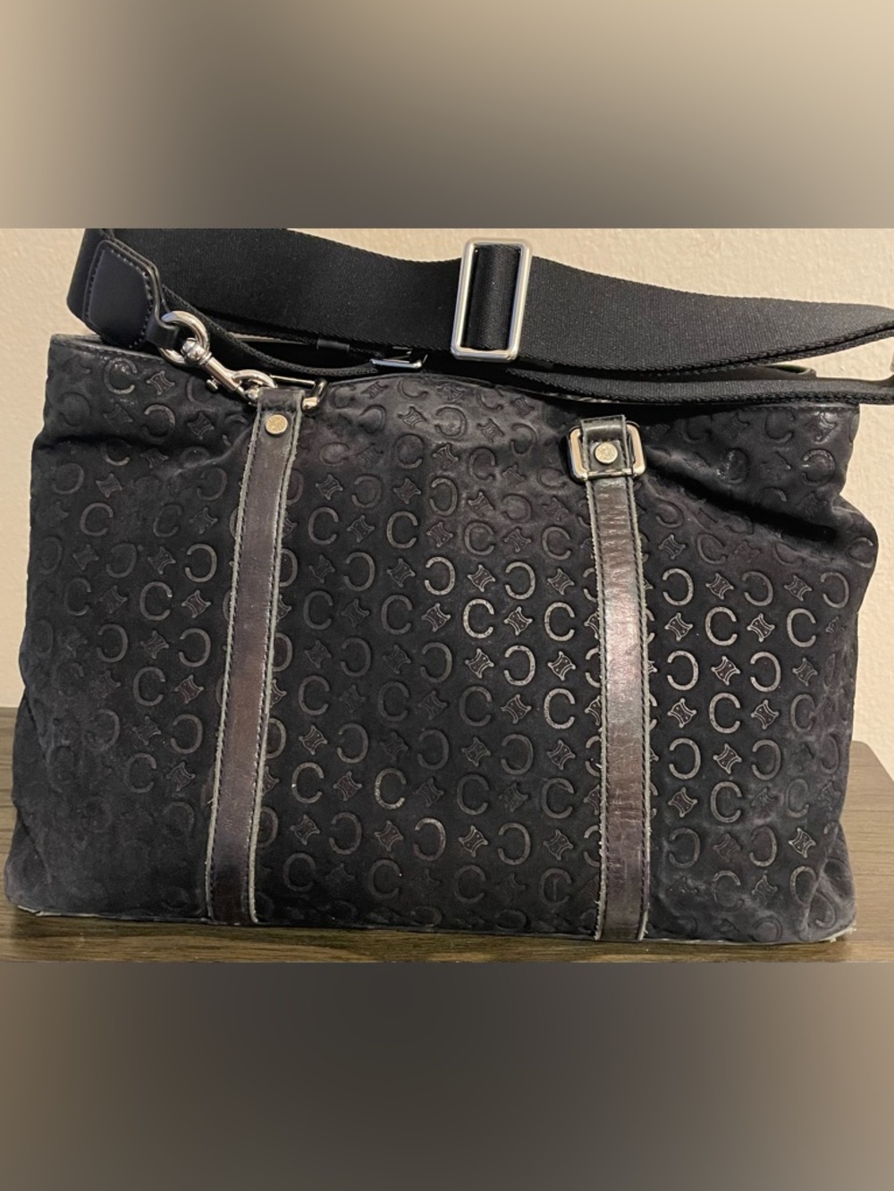 Celine Black Jacquard Canvas Crossbody Bag with Leather Trim